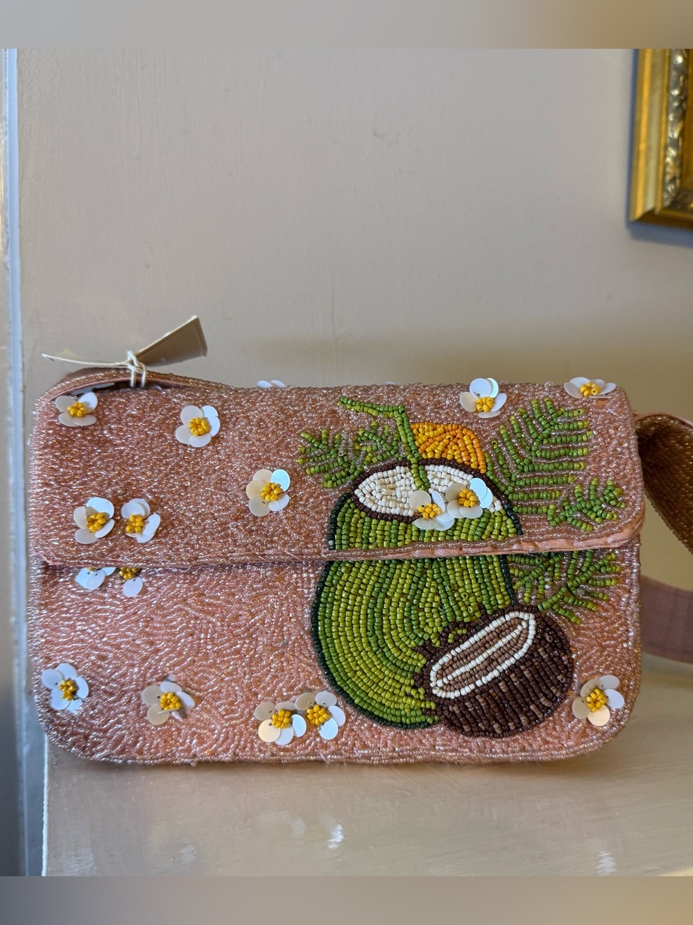 Pink Beaded Coconut Shoulder Bag, viral bag, Sol and Mer, 3D flowers NWT